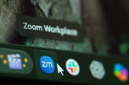 New York, USA - March 3, 2026: Click on Zoom workplace application icon button close up macro view...
