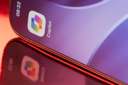 New York, USA - February 23, 2026: Microsoft copilot icon application on smartphone screen close up with pink reflection on pink backgroundのeditorial素材