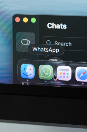 New York, USA - March 10, 2026: Start Whatsapp  application on computer screen close up macro view...