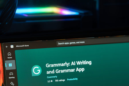 New York, USA - March 3, 2026: Grammarly app in Microsoft store menu close up macro view on computer...