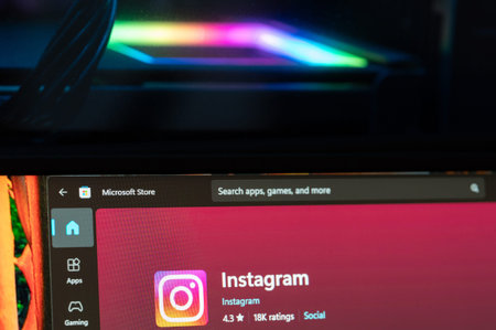 New York, USA - March 3, 2026: Instagram app in Microsoft store menu close up macro view on computer...