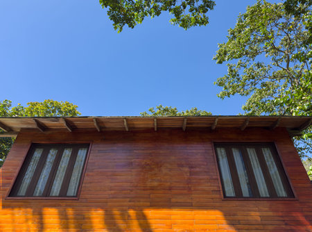A wooden house stands under a bright blue sky with trees surrounding it. The house has large windows...
