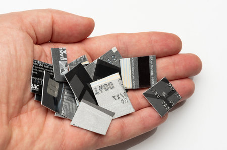 New York, USA - august 15, 2026: Pieces cut from plastic credit card in hand close up view on white background