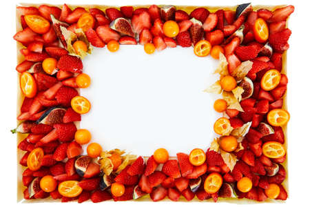 background frame of fresh fruits, strawberries datesの写真素材