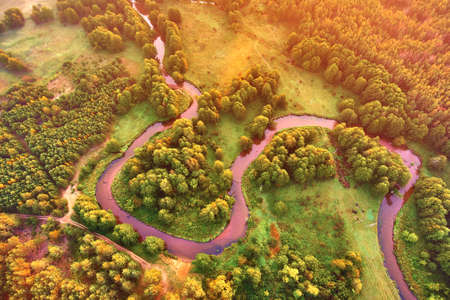 the meandering River forest view from a heightの写真素材
