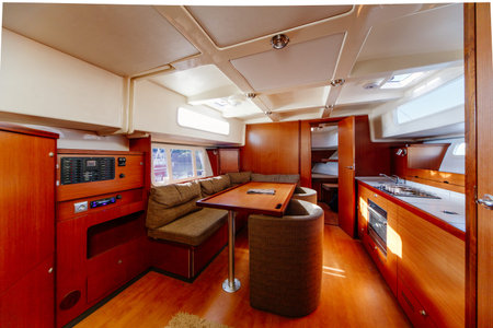 Monaco, 05.05.2018: Interior design furnishing decor of the salon area in a large luxury motor yachtのeditorial素材