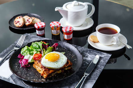 baked sandwich with Greens and eggの写真素材