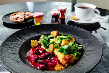 dish with potatoes meat vegetables with mushroomsの写真素材