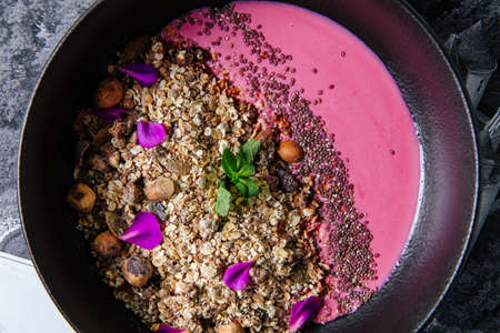 colorful breakfast with oatmeal porridgeの写真素材