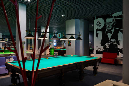 Minsk, Belarus, 02.02.2019: American billiards and pool, billiards tables interiorのeditorial素材