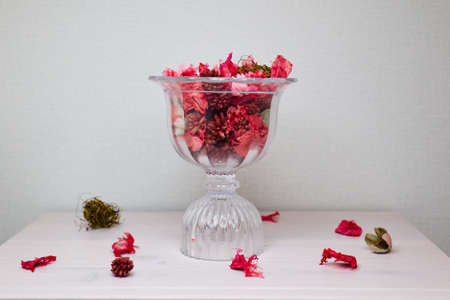 Beautiful red dry flowers in vintage or rustic glass vase on the white background with copy spaceの写真素材