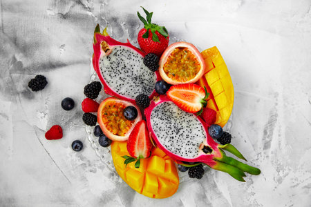 Exotic fruits background, great design for any purposes. Exotic food. Tasty breakfast. Raw...