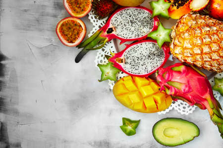 Exotic fruits background, great design for any purposes. Exotic food. Tasty breakfast. copy spaceの写真素材