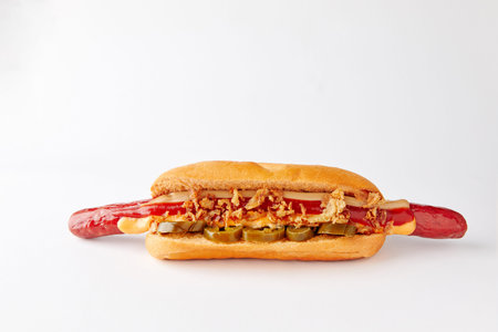 Appetizing hotdog lying on a white backgroundの写真素材