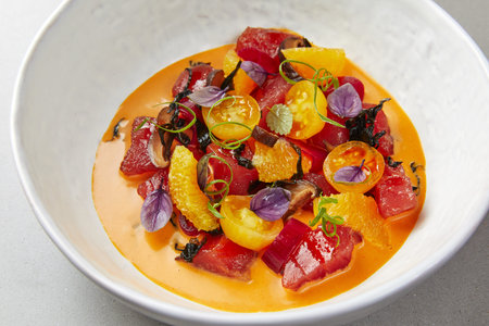 vegetable soup in a white bowl, with cherry tomatoes, peppers, beets and herbs, salad in sauce