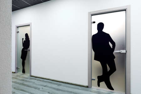 Russia, Moscow, 02.04.2019, design of the entrance of the male and female toilets, in white and black shadesのeditorial素材