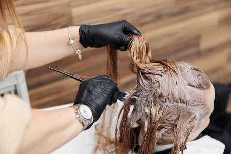a hairdresser in gloves dyes long brown hair with a brushの写真素材