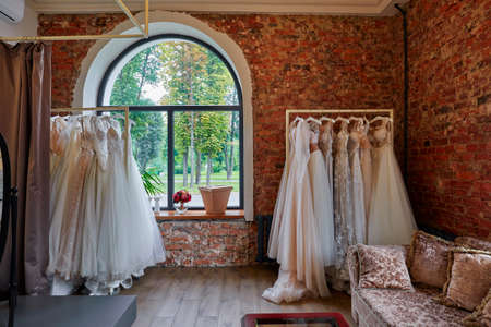 Collection Of Wedding Dresses In The Shopの写真素材