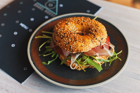 Bagel with Roast Beef on the plate