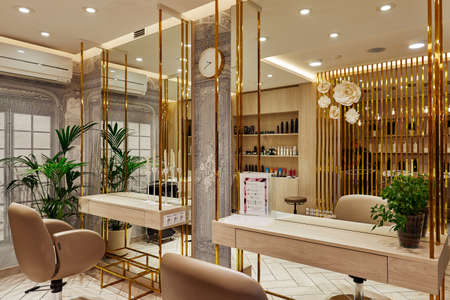 Rome, Italy, 02.02.2020, Interior of luxury beauty salon in golden colorのeditorial素材