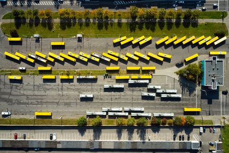 Parking for storage of school buses yellow, top view. Summer, drone