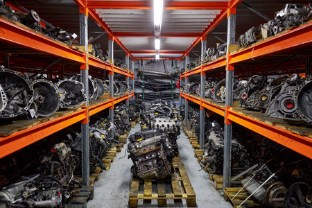 Car engines and gearboxes are on shelves