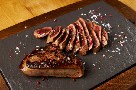 Fried beef liver sliced on a black boardの写真素材