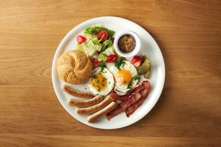 Egg, sausages, bun and salad on a large white plate on a wooden table, breakfastの写真素材