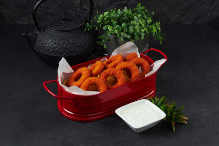Delicious onion rings in an iron plate, with sauceの写真素材