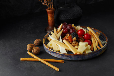 Different varieties of cheese and tomatoes on a large plate on a black backgroundの写真素材