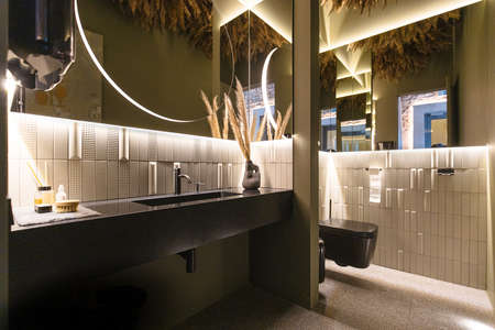 Moscow, Russia, 05.03.2021, The interior of the toilet in the restaurant, black and white colors with lighting, and plants on the ceilingのeditorial素材