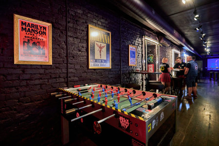 Moscow, Russia, 13.08.2021,rock bar interior with table hockey