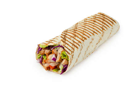 burrito with beef, lettuce and tomato cut on a white backgroundの写真素材