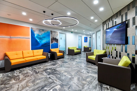 Russia, Moscow, 03.06.2021, Bright interior of the waiting room, with various sofas and armchairs,...