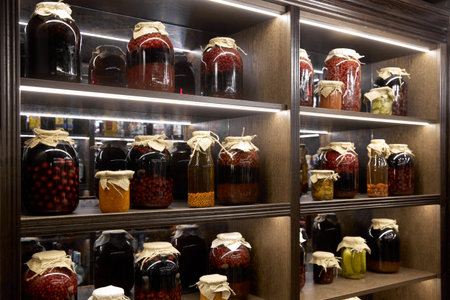 canned vegetables and compote for the winter are on the shelves, canned cucumbers in a jar tied with...