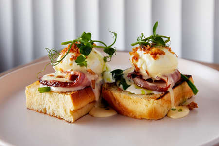 Toasts with Benedict eggs ham and microgreen served on plateの写真素材