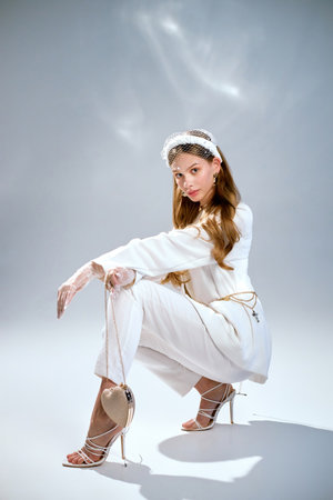 Young long-haired woman in stylish outfit squats on floor posing for photo in studio. Model with handbag and high heels looks in camera on grey backgroundの写真素材