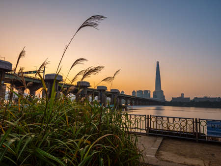 Sunrise in Seoul. Beautiful sky behind city, tower and bridge. Nature backgroundの写真素材