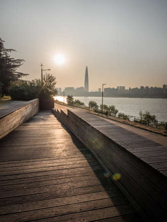 Sunrise in Seoul. Beautiful sky behind city, tower and bridge. Nature backgroundの写真素材