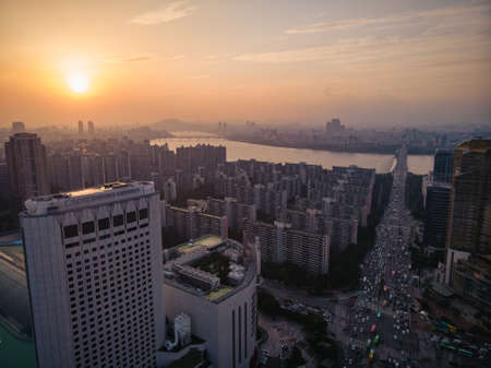 SEOUL / SOUTH KOREA - 05/09/2019: Beautiful Sunset in Seoul. Made by droneの写真素材