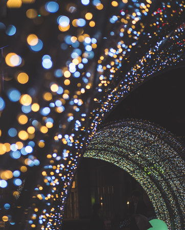Colored lanterns adorn the evening streets of Seoul. South Korea Bokeh