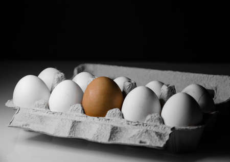 White chicken eggs with one brown in front. Black backgroundの写真素材