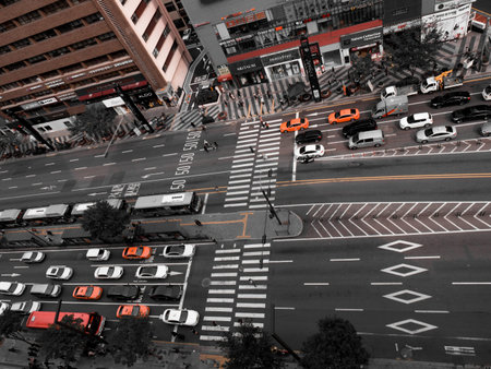 SEOUL / SOUTH KOREA - 08/11/2019: Street of Gangnam. View from skyscraper