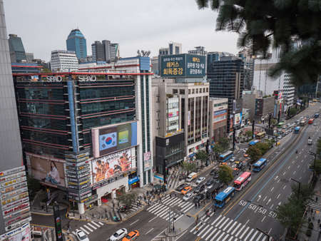 SEOUL / SOUTH KOREA - 08/11/2019: Skyscrapers and streets of Gangnamのeditorial素材