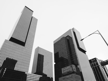 SEOUL / SOUTH KOREA - 08/11/2019: Gangnam Skyscrapers in Seoul. View from the earth to the sky. Grayscale photoのeditorial素材