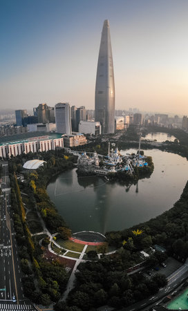 SEOUL / SOUTH KOREA - 09.30.2019: Sunrise in Seoul. Morning in big city. Made by droneのeditorial素材