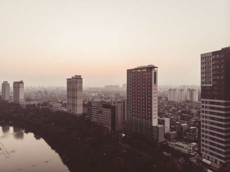 SEOUL / SOUTH KOREA - 09.30.2019: Sunrise in Seoul. Morning in big city. Made by droneのeditorial素材