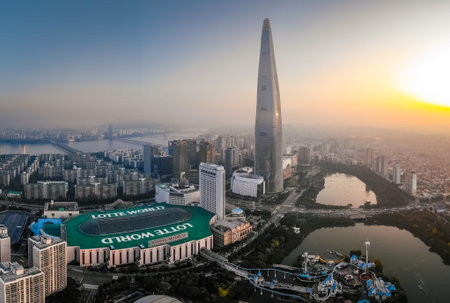 SEOUL / SOUTH KOREA - 09.30.2019: Sunrise in Seoul. Morning in big city. Made by drone