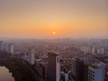 SEOUL / SOUTH KOREA - 09.30.2019: Sunrise in Seoul. Morning in big city. Made by droneのeditorial素材