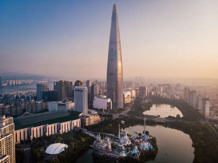 SEOUL / SOUTH KOREA - 09.30.2019: Sunrise in Seoul. Morning in big city. Made by droneのeditorial素材
